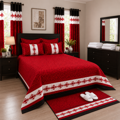 16-Piece Luxury Queen Bedding Set with Curtains, Towels, Rug & Slippers – Red, Black & White Floral Design
