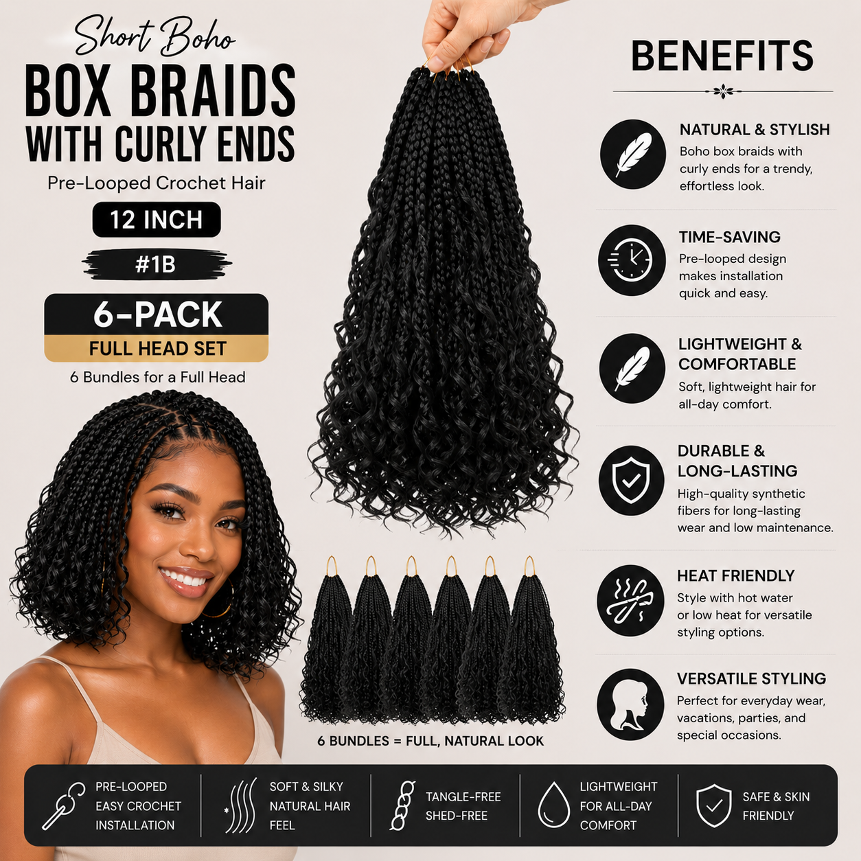 Short Boho Box Braids with Curly Ends – 12 Inch Pre-Looped Crochet Hair #1B 6-Pack “Full Head Set