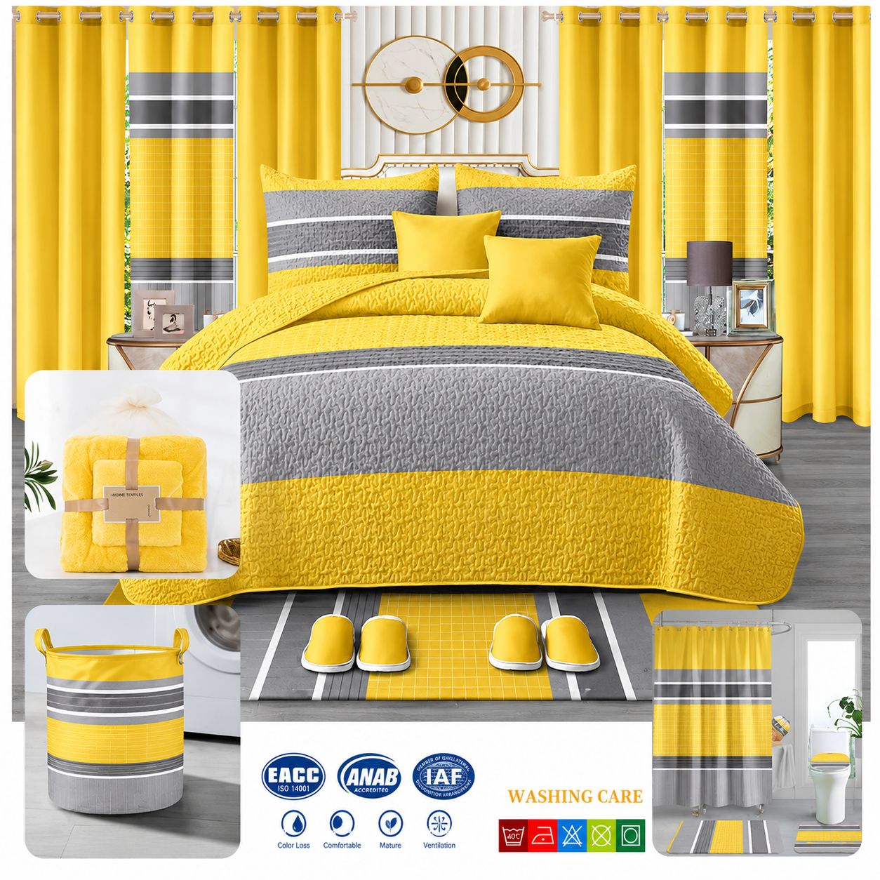 24-piece king size luxury bedding set featuring a yellow and grey striped comforter with matching curtains, decorative cushions, shower curtain, bathroom mats, towels, slippers, laundry basket, and coordinated bathroom accessories.