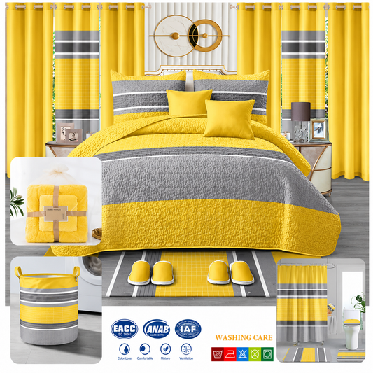 24-piece king size luxury bedding set featuring a yellow and grey striped comforter with matching curtains, decorative cushions, shower curtain, bathroom mats, towels, slippers, laundry basket, and coordinated bathroom accessories.
