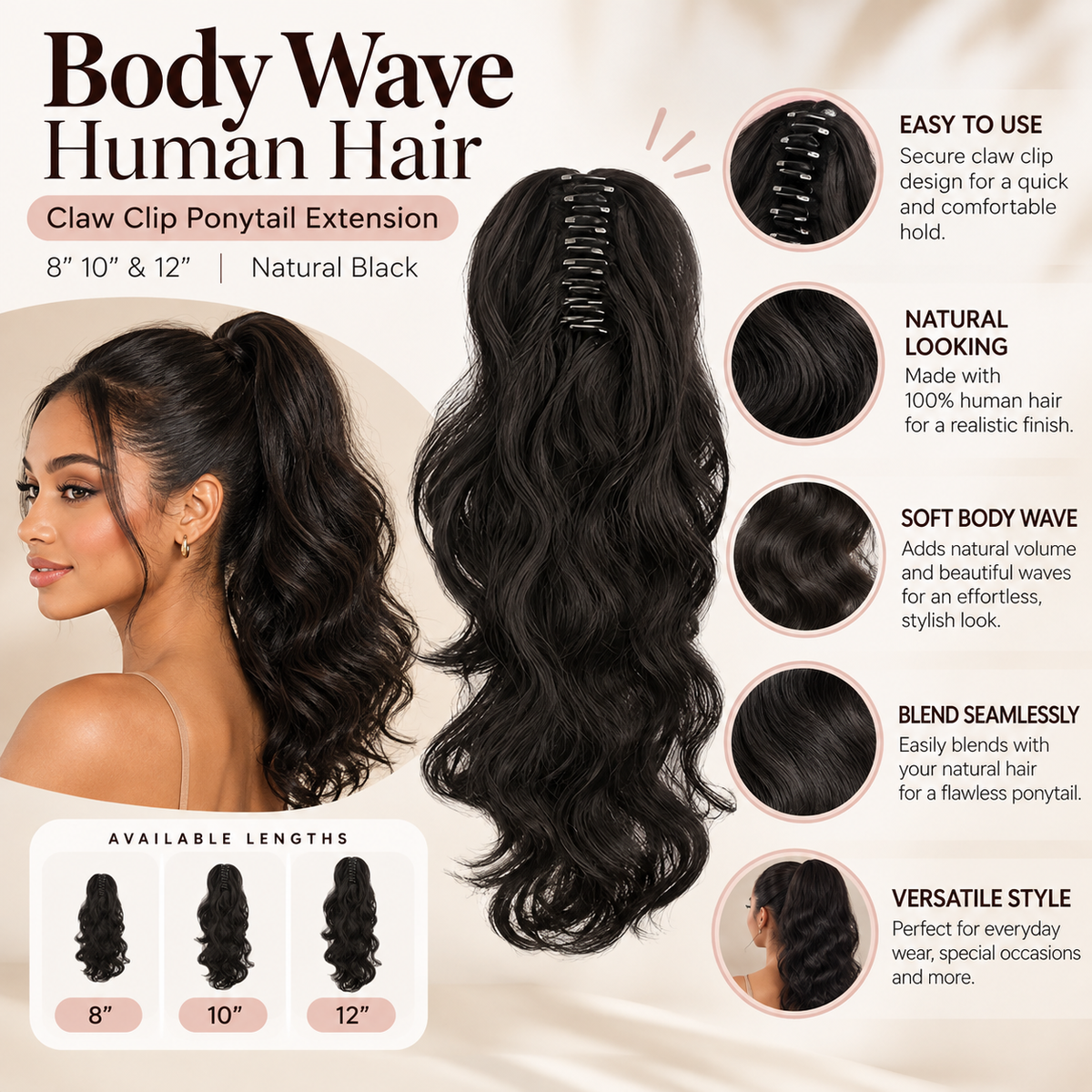Body Wave Human Hair Claw Clip Ponytail Extension Clessenza Beauty Store