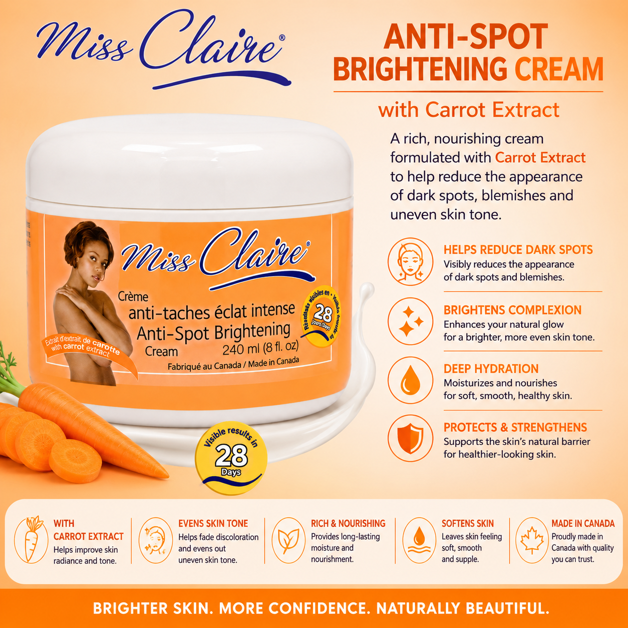 Miss Claire – Crème Éclaircissante Anti-Taches à l'Extrait de Carotte, 240 mL