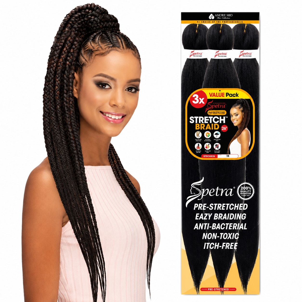 A woman modeling long, dark brown pre-stretched braids next to the retail packaging box for 'Spectra Stretch Braid' on a plain white background.