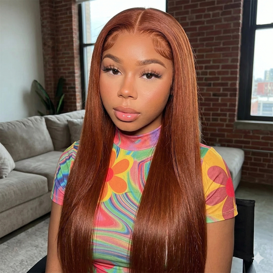 Auburn Human Hair Wig 30″ – Straight, 150% Density, 13x4 Lace Front