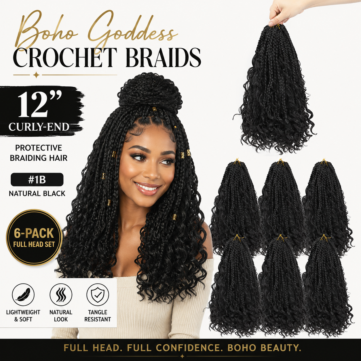Boho Goddess Crochet Braids 12 inch curly-end protective braiding hair in #1B natural black 6-pack full head crochet braid set