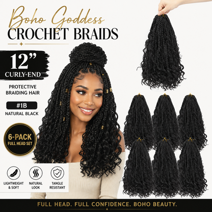 Boho Goddess Crochet Braids 12 inch curly-end protective braiding hair in #1B natural black 6-pack full head crochet braid set
