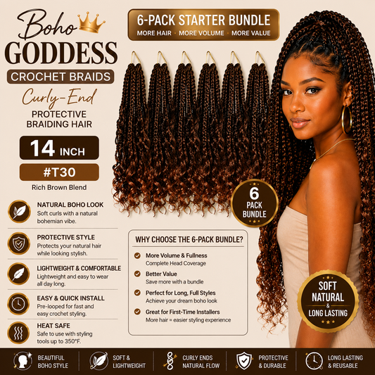 Boho Goddess Crochet Braids 14" – Curly-End Protective Braiding Hair #T30 6-Pack Starter Bundle