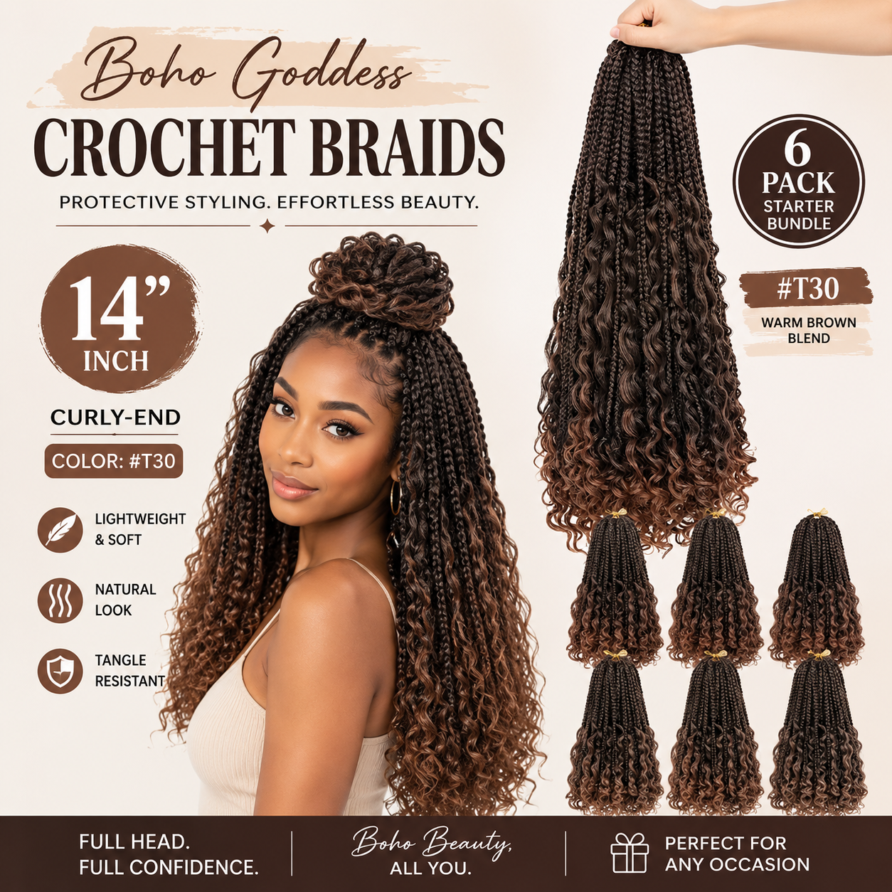 Boho Goddess Crochet Braids 14″ – Curly-End Protective Braiding Hair, #T30 Ombre Brown | 6-Pack Starter Bundle