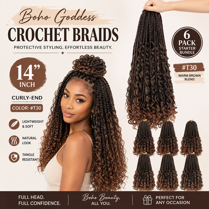 Boho Goddess Crochet Braids 14″ – Curly-End Protective Braiding Hair, #T30 Ombre Brown | 6-Pack Starter Bundle