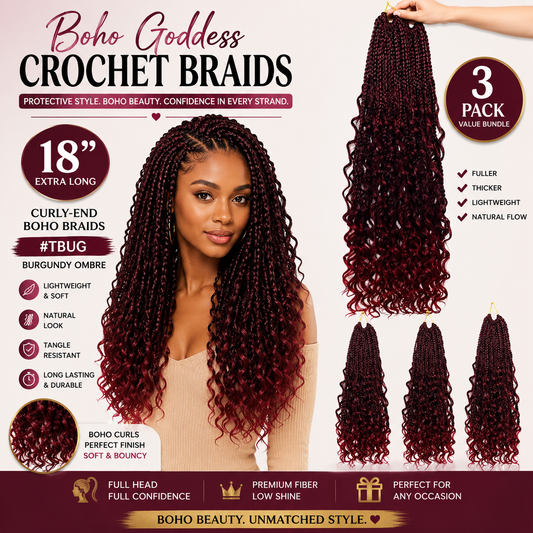 Boho Goddess Crochet Braids 18″ – Curly-End Protective Braiding Hair, Color #TBUG Burgundy Ombre | 3-Pack Value Bundle
