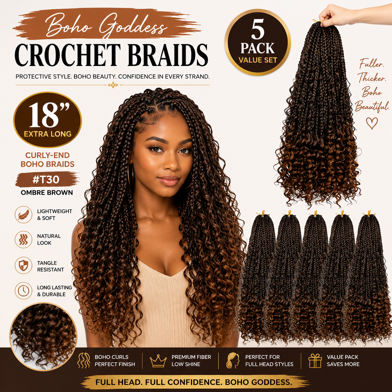 Tresses Crochet Boho Goddess 18 po – Cheveux de Tressage Protecteur à Pointes Bouclées, #T30 Ombré Brun | Ensemble Économique de 5 Paquets