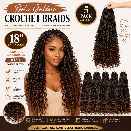 Boho Goddess Crochet Braids 18″ – Curly-End Protective Braiding Hair, #T30 Ombre Brown | 5-Pack Value Set