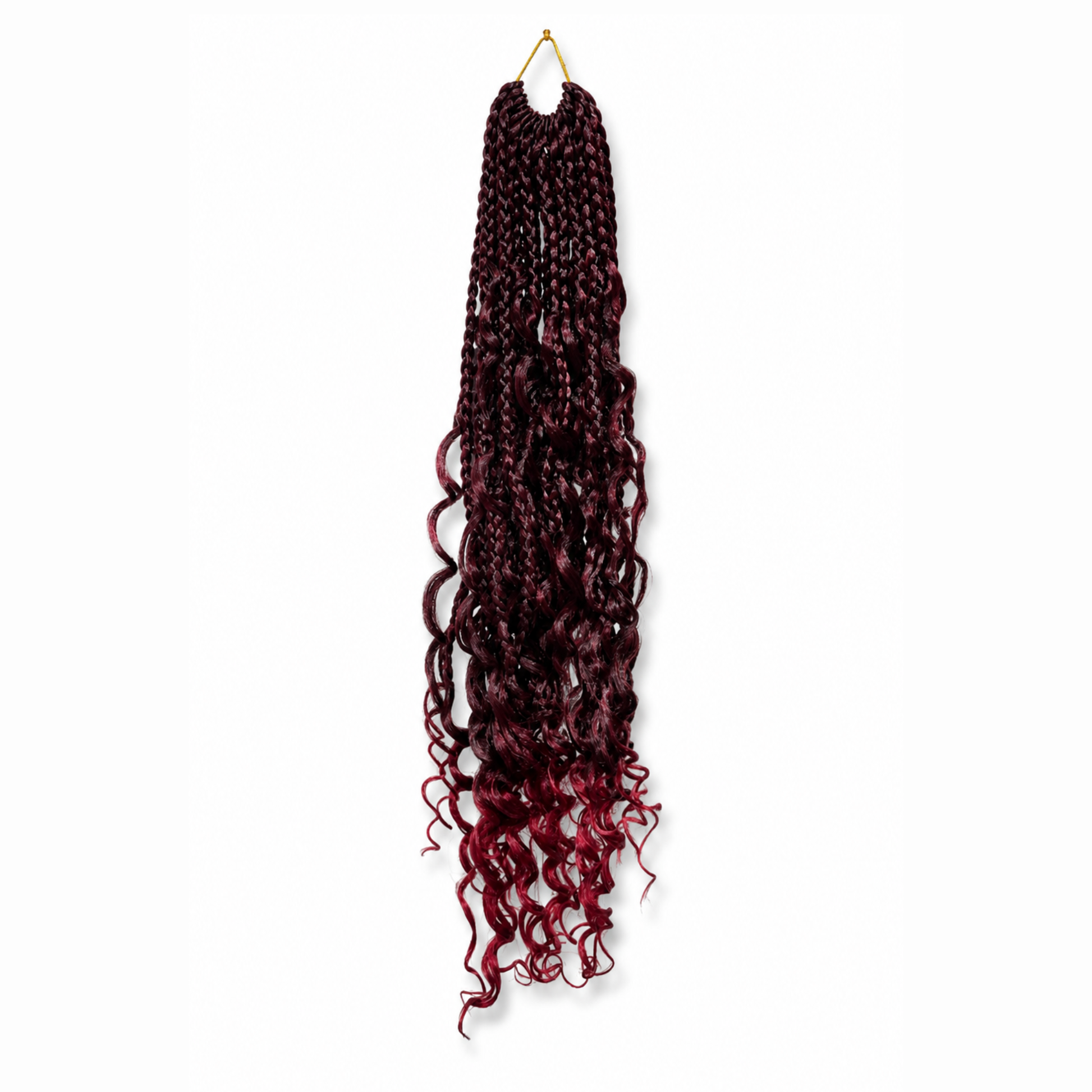 Braided hair extension with red and black gradient on a white background