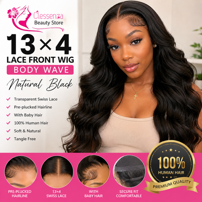 13×4 Lace Front Human Hair Wig – Body Wave 26″ Natural Black Clessenza Beauty Store