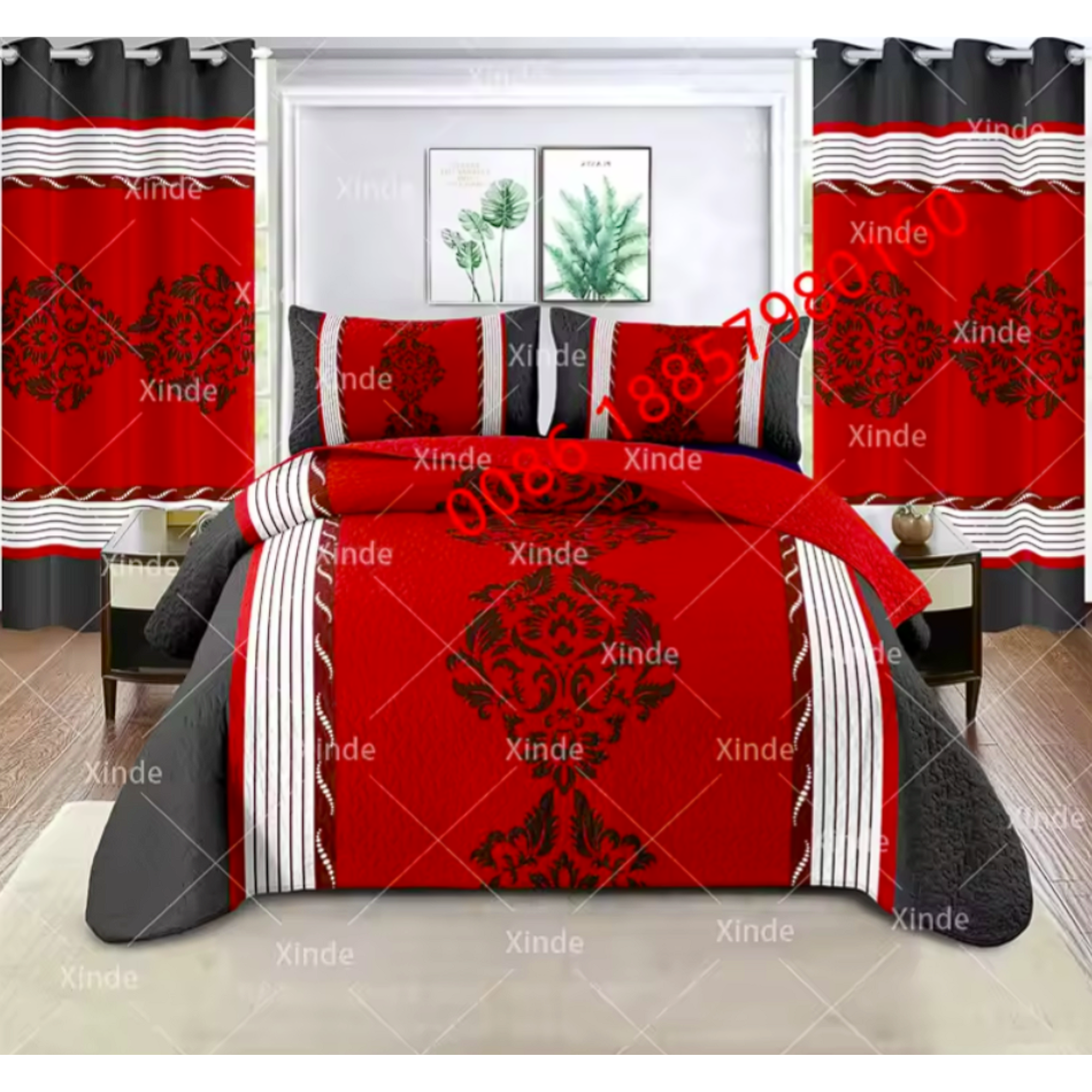 Luxury Queen Size Bedding Set with Matching Curtains – Red, White & Black