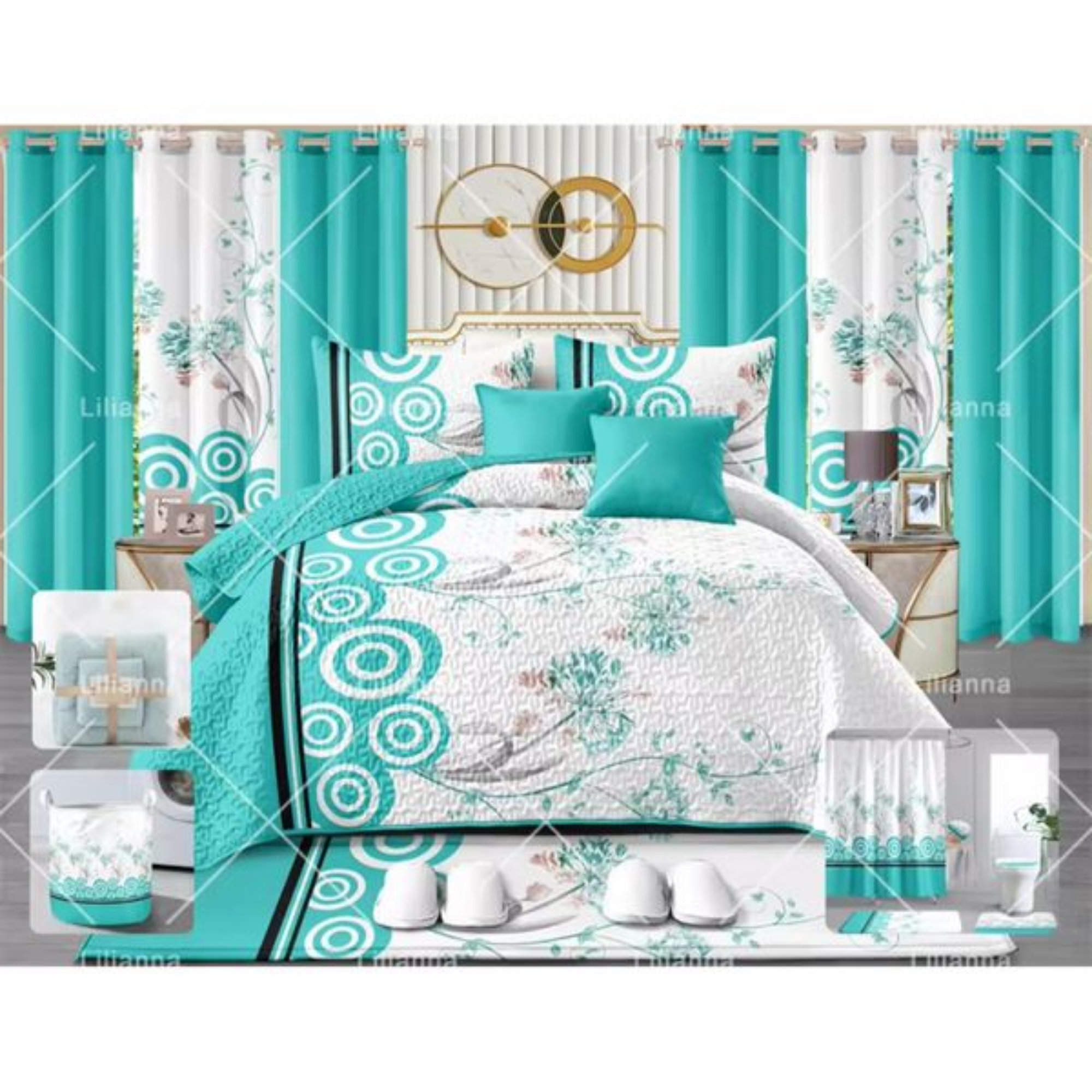 Lilianna – 24-Piece King Size Bedding Set with Aqua Blue Circles & Floral Pattern + Matching Curtains