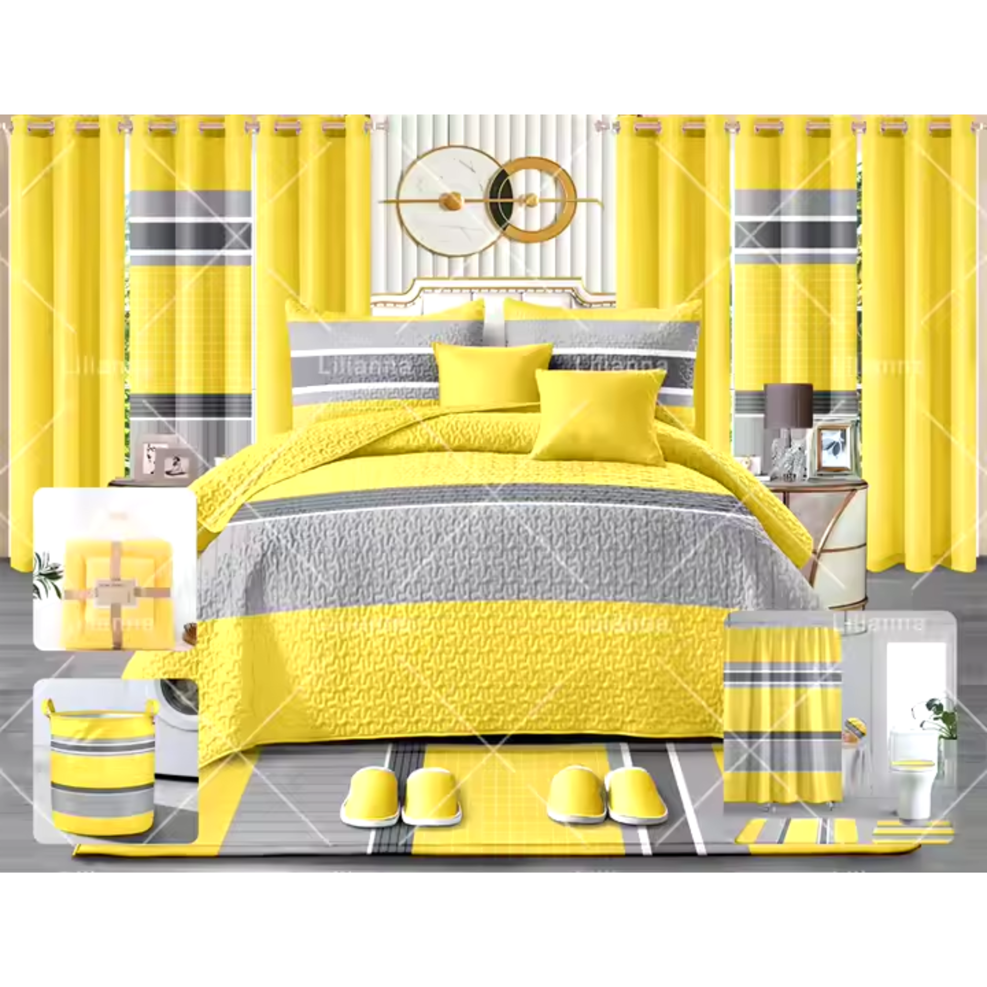 Lilianna – 24-Piece King Size Bedding Set with Matching Curtains – Yellow & Grey