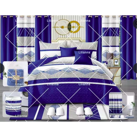 Luxury King Size 24 Pieces Bedding Set with matching Curtains (Blue & White)