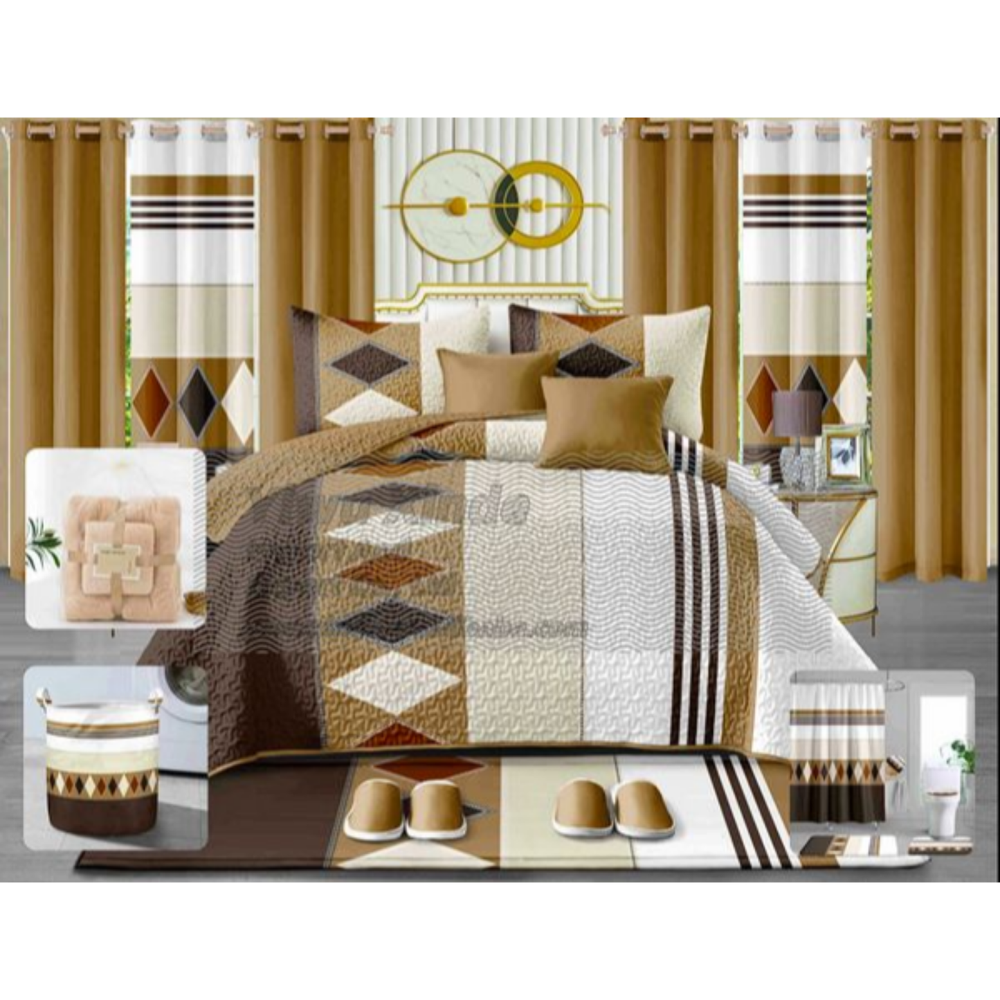 Luxury King Size 24 Pieces Bedding Set with matching Curtains (Brown & White)