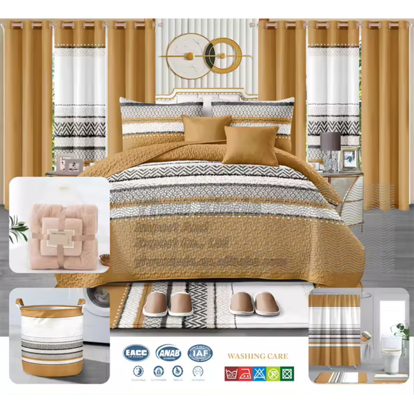 Lilianna – 24-Piece King Size Bedding Set with Matching Curtains – Camel, White & Black