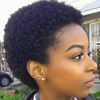 Peluca Pixie: cabello humano corto, rizado y rizado, color negro natural.