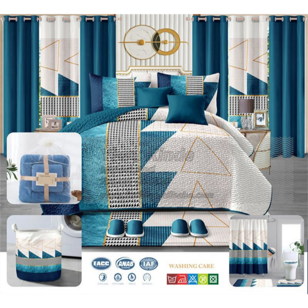 Lilianna – 24-Piece King Size Bedding Set with Matching Curtains – Teal Geometric Triangle