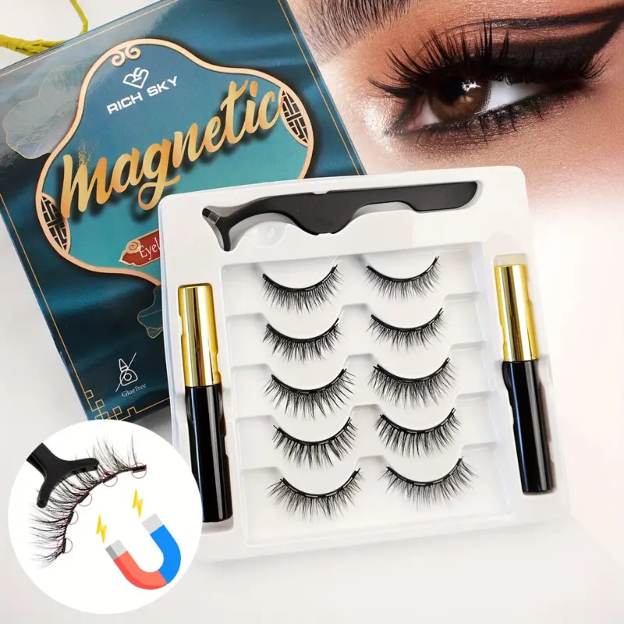 Kit de Faux Cils Magnétiques – 5 Paires avec Eyeliner Magnétique et Applicateur