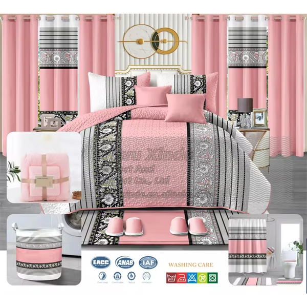 Lilianna – 24-Piece King Size Luxury Bedding Set with Matching Curtains – Pink, Gray & Black Elegant Style