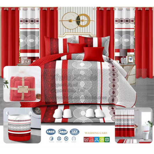 Luxury King Size 24 Pieces Bedding Set with matching Curtains (Red & Grey)