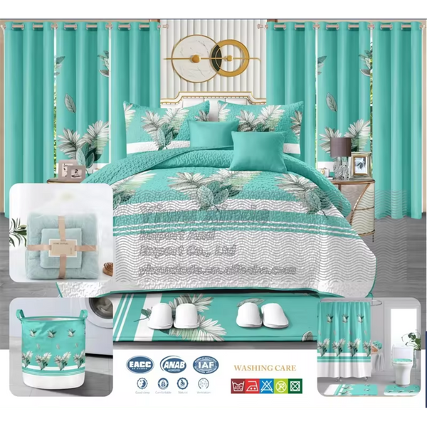Lilianna – 24-Piece King Size Tropical Bedding Set with Matching Curtains – Aqua Green & White Palm Pattern