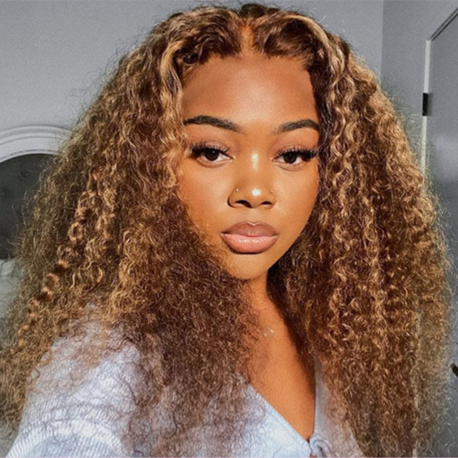 Premium 24″ Kinky Curly Lace Front Human Hair Wig – 13x4 HD, #4/27 Highlighted