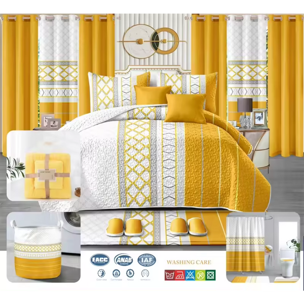 Luxury King Size 24 Pieces Bedding Set with matching Curtains (Yellow & White)