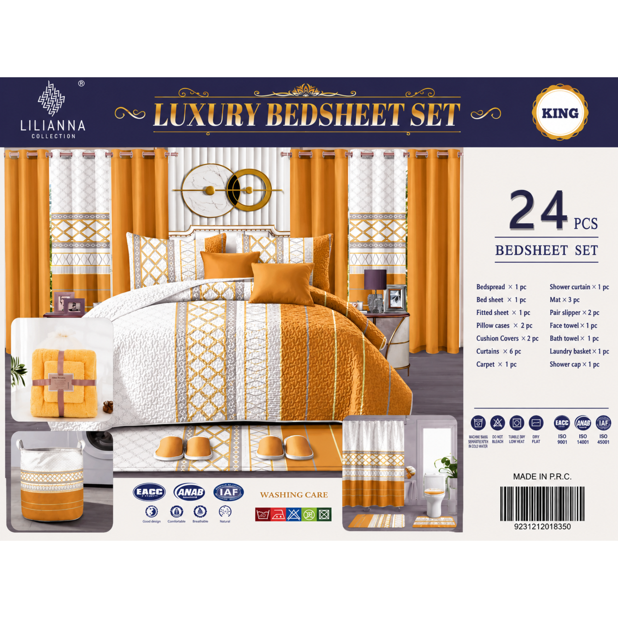 Lilianna Luxury Bedsheet Set packaging with bedding set and room decor on a white background