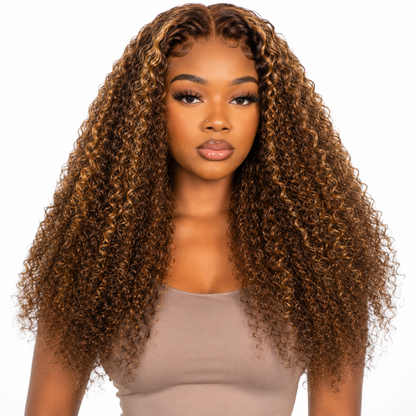Perruque Lace Front Premium en Cheveux Humains Kinky Curly 24″ – HD 13x4, Mèches #4/27