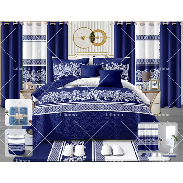 Luxury King Size 24 Pieces Bedding Set with matching Curtains (Blue)