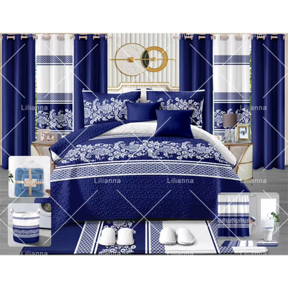 Luxury King Size 24 Pieces Bedding Set with matching Curtains (Blue)