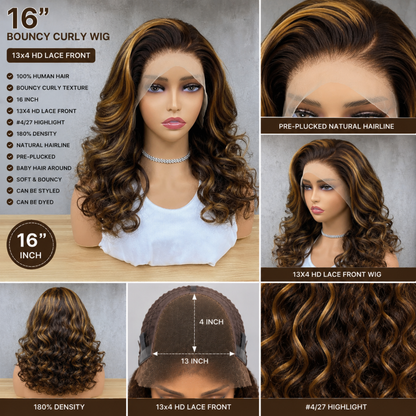 Perruque Lace Front Bouclée 100 % Cheveux Humains – Boucles Rebondissantes 16 po, Mèches #4/27