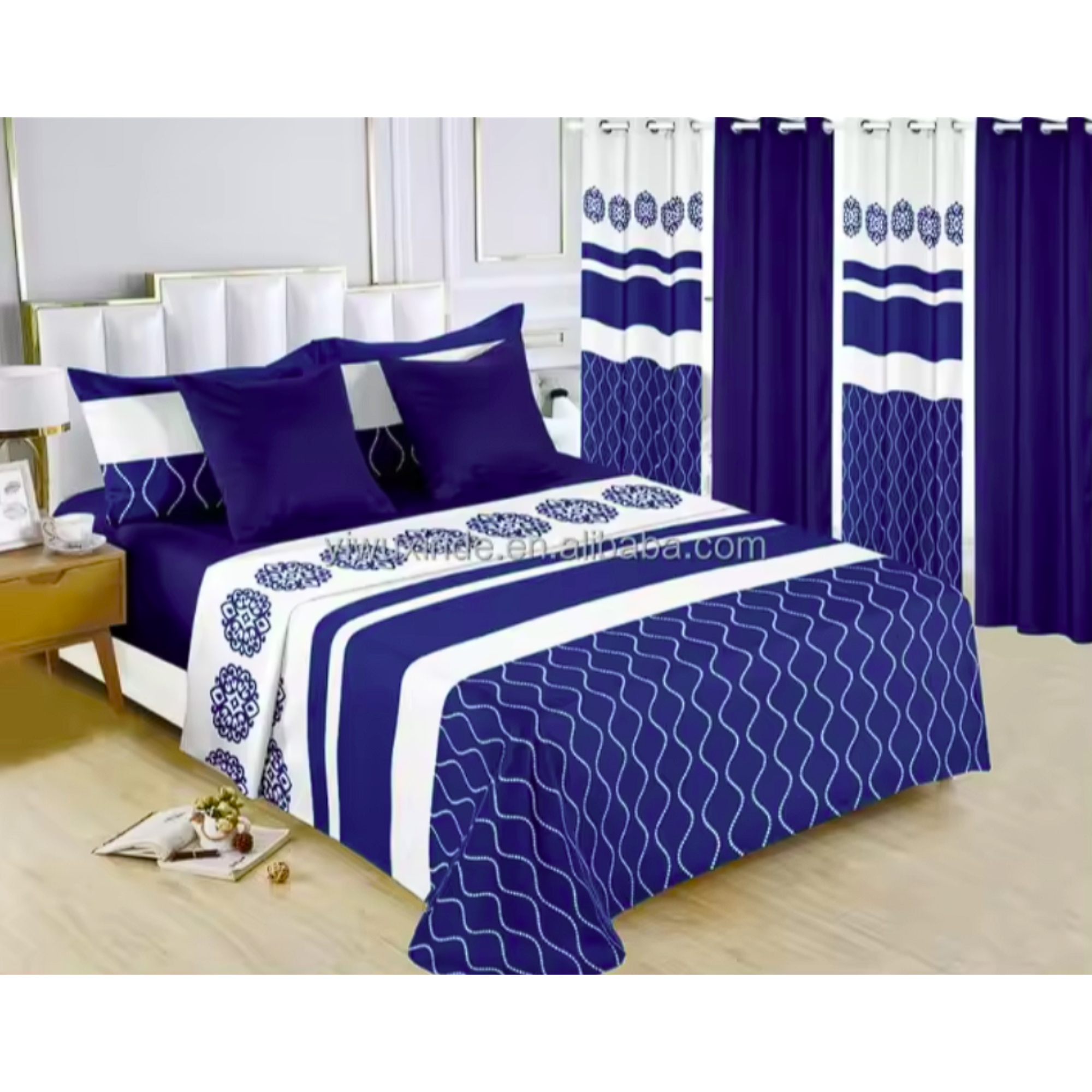 Luxury Queen Size Bedding Set with Matching Curtains – Blue & White Floral