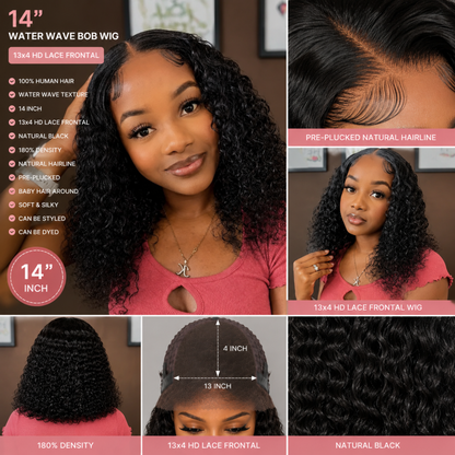 Perruque Bob Water Wave 14″ – Cheveux Humains Naturels Noir Naturel avec Lace Frontal 13x4