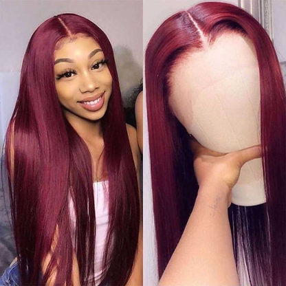 Perruque Lace Front HD 13x4 Cheveux Humains Lisses 26 po – Bourgogne 99J, Pré-Épilée