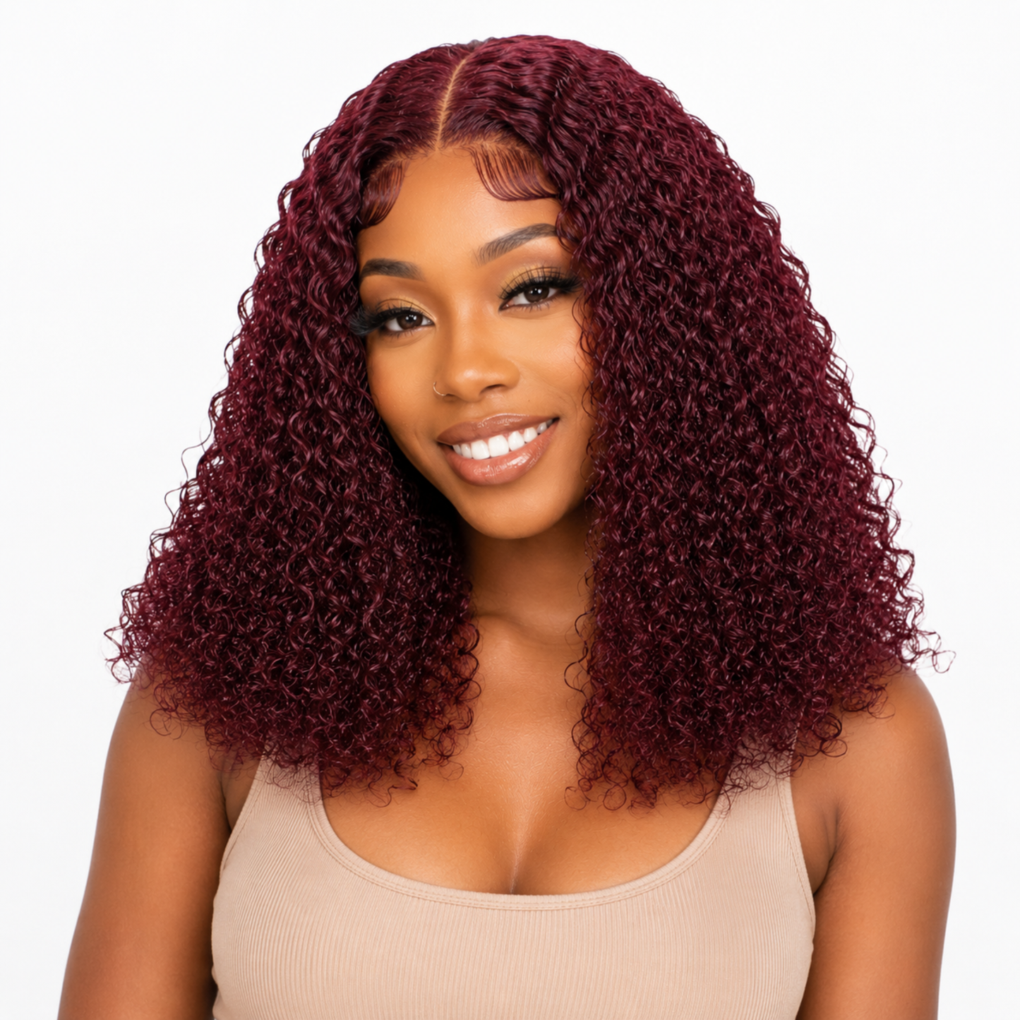 Perruque en cheveux humains Jerry Curly 5×6 HD Lace 16 po – Couleur bordeaux 99J