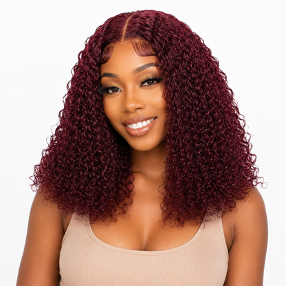 Perruque en cheveux humains Jerry Curly 5×6 HD Lace 16 po – Couleur bordeaux 99J
