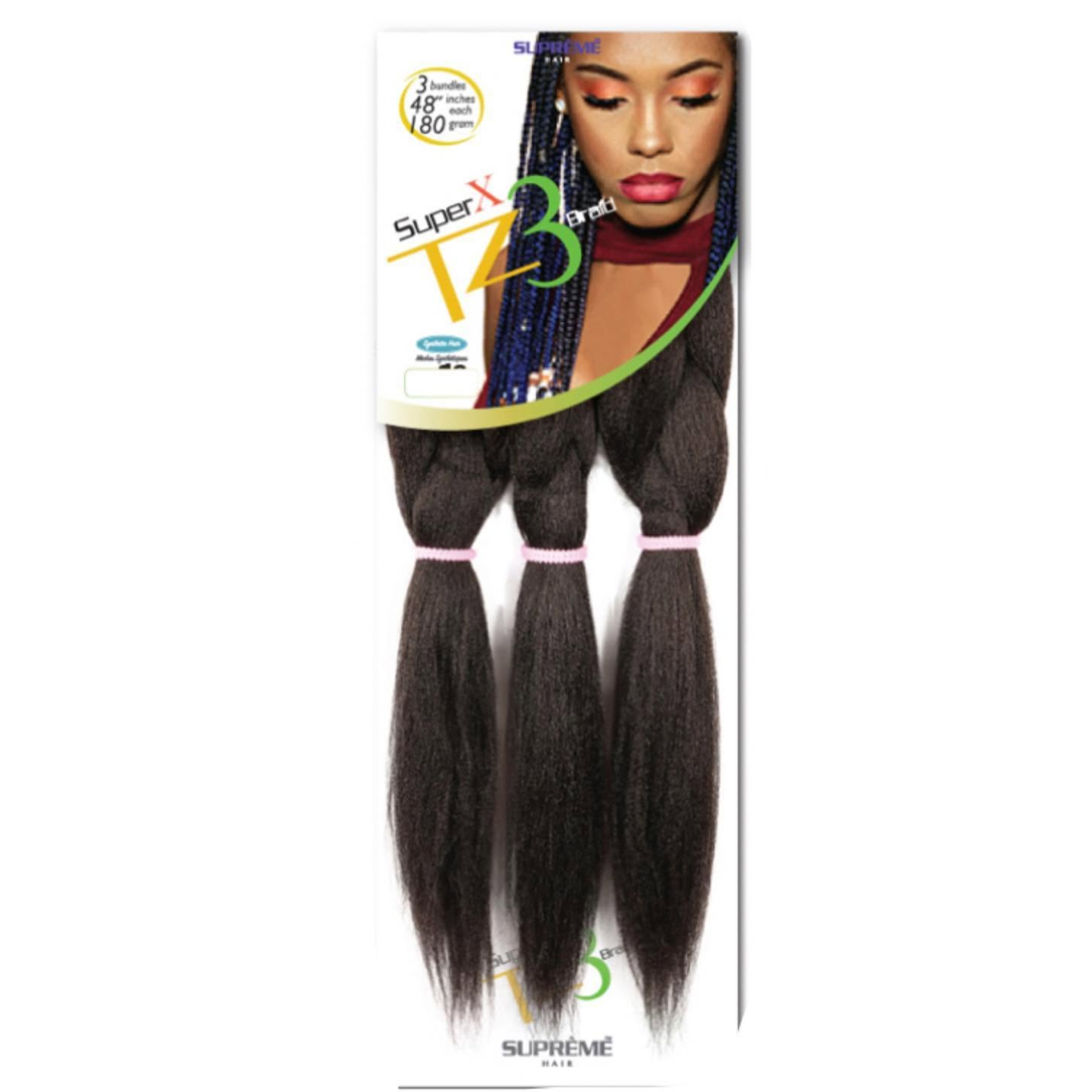 SUPRÊME Hair Super X TZ3 Braid 48 inch pre-cut and pre-combed braiding hair with smooth texture for box braids, knotless braids, and protective hairstyles