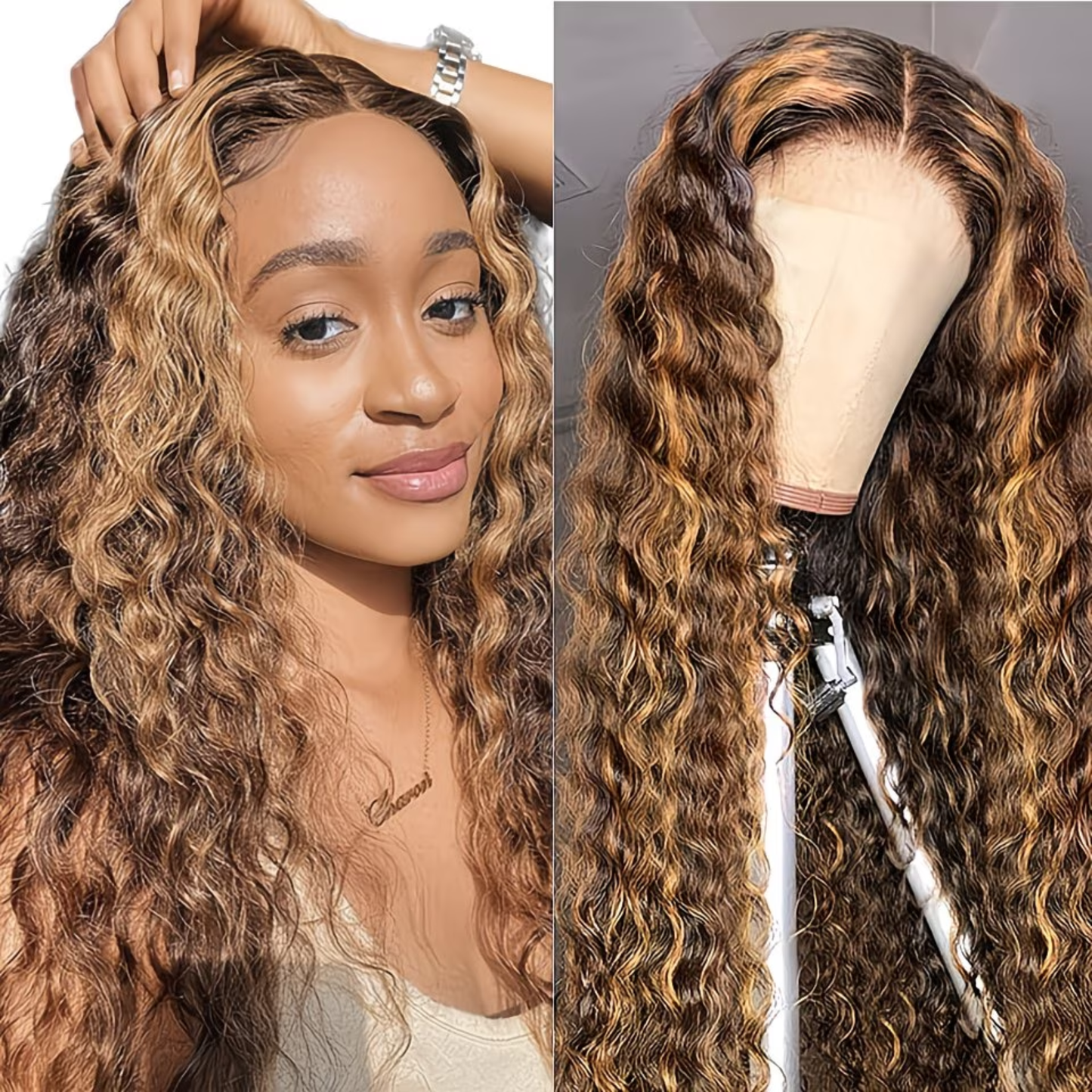Perruque Lace Front Water Wave 13x4 24 po – Couleur #4/27 Méchée, Cheveux Humains Haute Densité 180 %