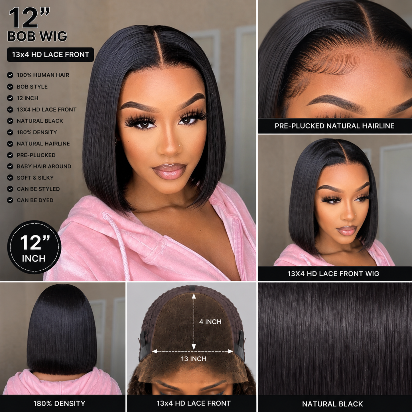 Perruque Bob en Cheveux Humains pour Tous les Jours – Lace Front 13×4, 12″ Noir Naturel
