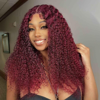 Perruque en cheveux humains Jerry Curly 5×6 HD Lace 16 po – Couleur bordeaux 99J