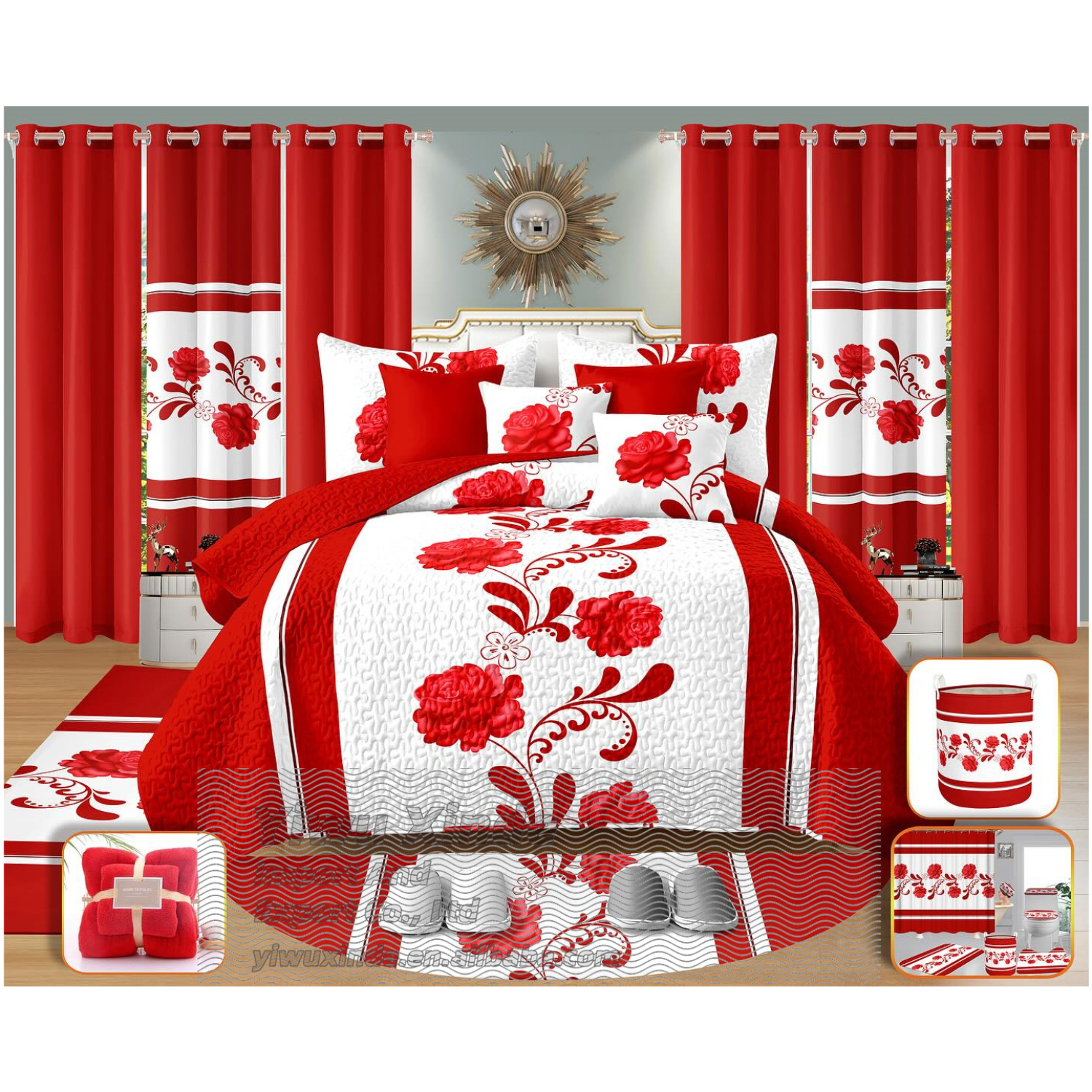 Lilianna – 24-Piece King Size Floral Bedding Set with Matching Curtains – Red & White Elegance