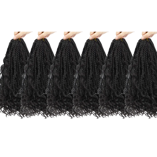 Short Boho Box Braids with Curly Ends – 12 Inch Pre-Looped Crochet Hair #1B 6-Pack “Full Head Set"