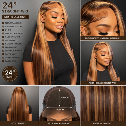 Perruque Lace Front en Cheveux Humains 24″ – Texture Lisse, Lace HD 13×4, Mèches #4/27