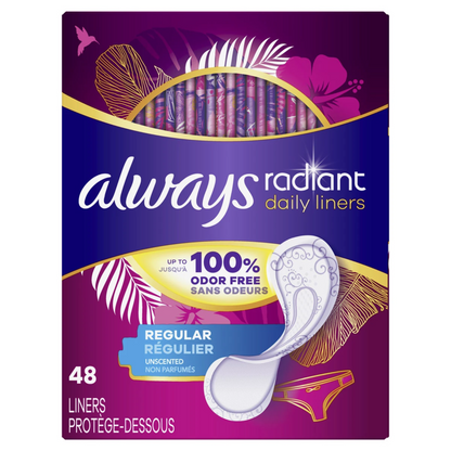 Always - Radiant Daily Liners, Regular, Wrapped, 48 liners